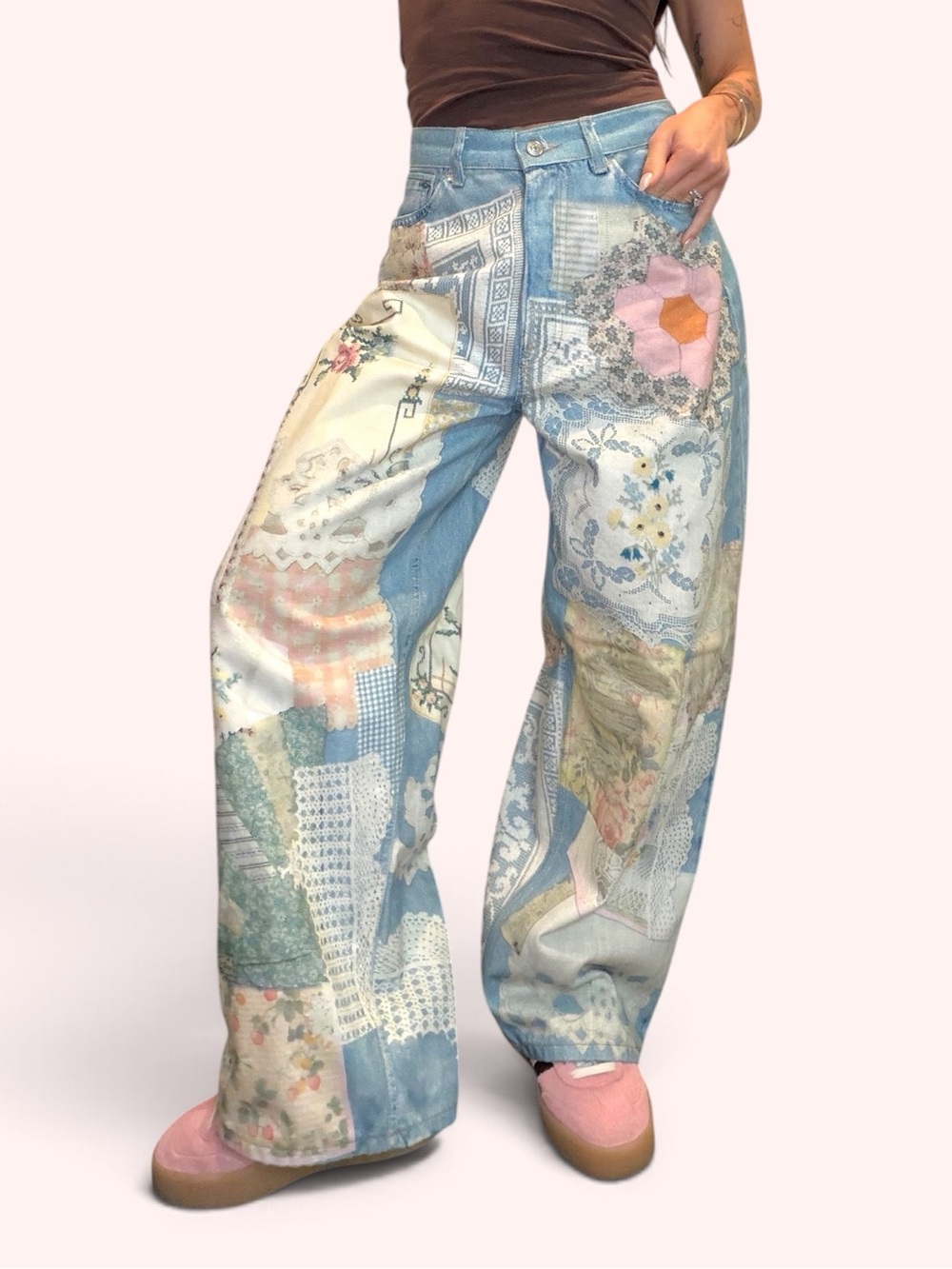 Free People Illusions Printed Barrel Jeans Sky Combo Size 25